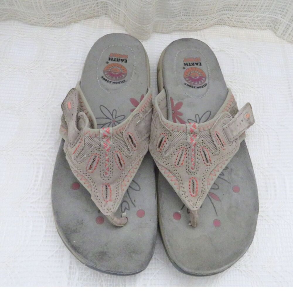 Earth Spirit Sandals Women 7 Beige Adjustable Flip Flops Boho Summer Casual